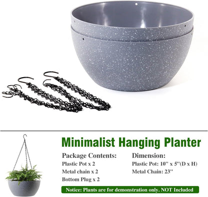 10 inch Hanging Planters for Outdoor Indoor Plants with Drainage Holes and Chain, 2 Pack Round