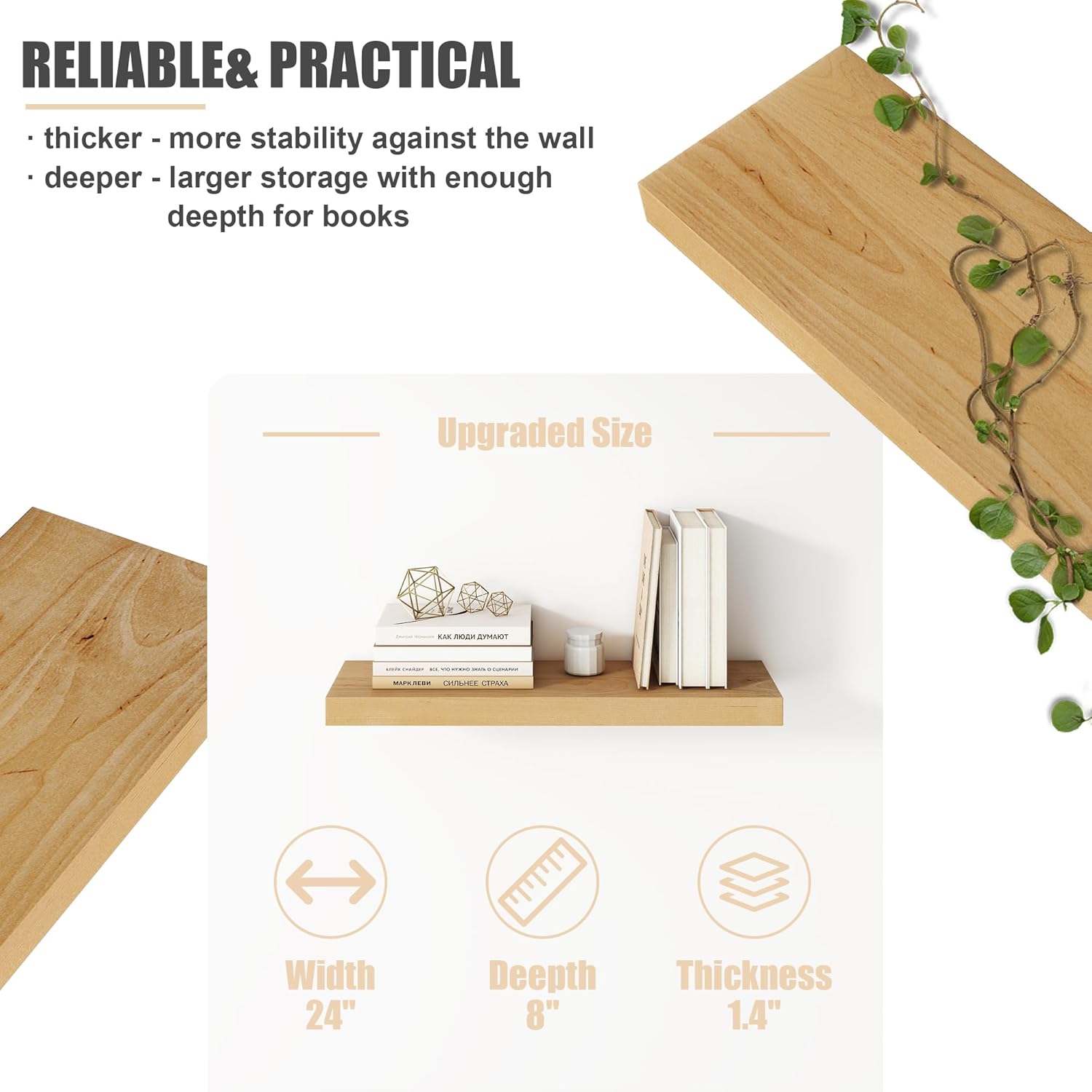 Floating Shelves for Wall, USA-Sourced Brich Wood 24 Inch Wall Shelves Set of 2, Natural Wooden