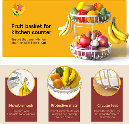 2 Tier Fruit Basket for Kitchen Counter with 2 Banana Hangers, Metal Stackable Fruit Bowl for