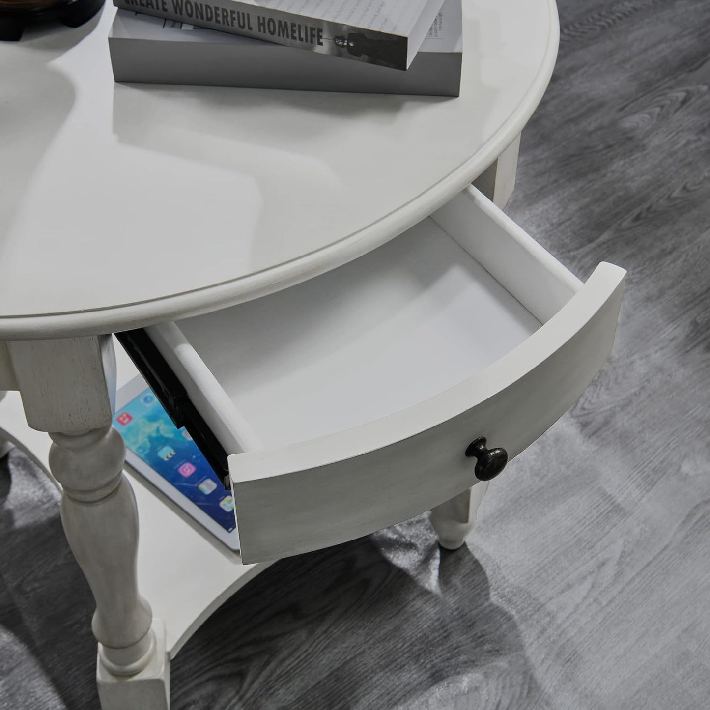 MODERION Oval End Table with Drawer, Solid Wood Sofa Side Storage Shelf, Traditional Living Room