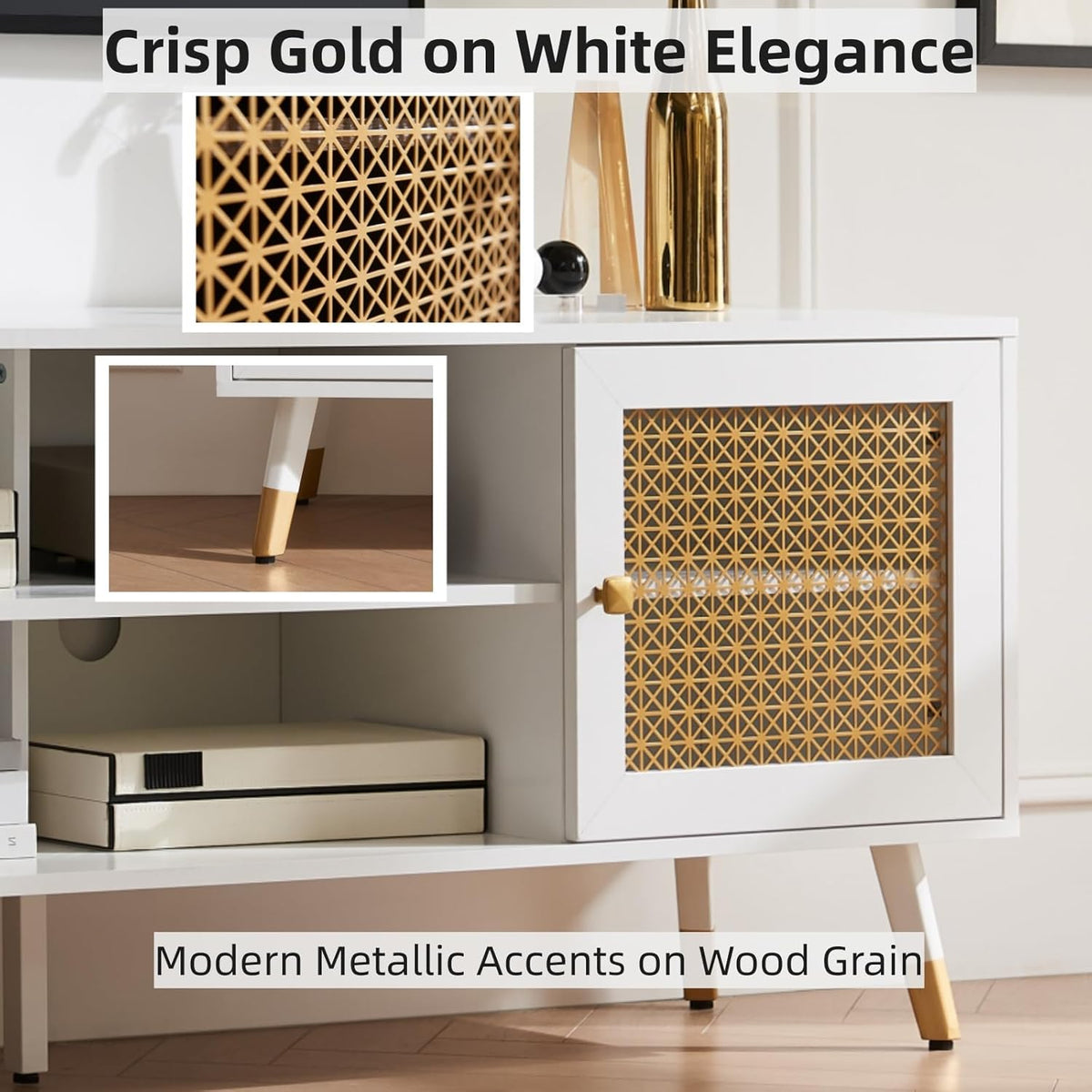 JYED Mid Century Modern TV Stand and Console for TVs Up to 75" - White Entertainment Center, 2 Gold