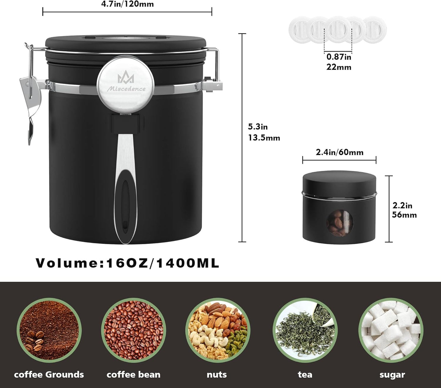 Coffee canister set for ground coffee with Date Tracker,Co2 Valve,Travel jar,Stainless Steel