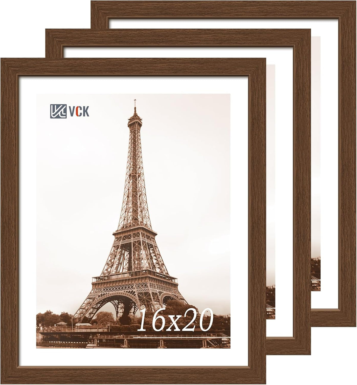 VCK 16x20 Picture Frames for Wall 3 Pack, Brown Wood Poster Frame with Exclusive Wood Grain, Wall