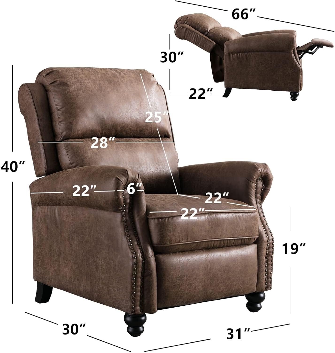 CANMOV Pushback Recliner Chair Set of 2, Faux Leather Armchair Push Back Recliner with Rivet