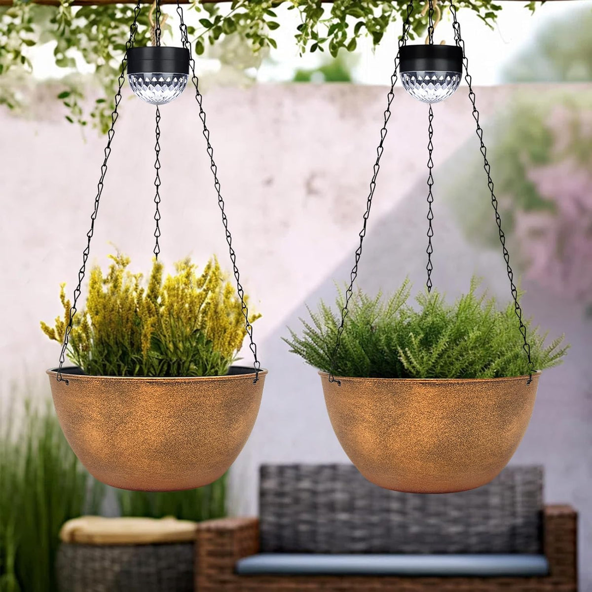 2 Packs Hanging Planters Basket for Outdoor Plants, Solar Powered Self Watering Bronze Round