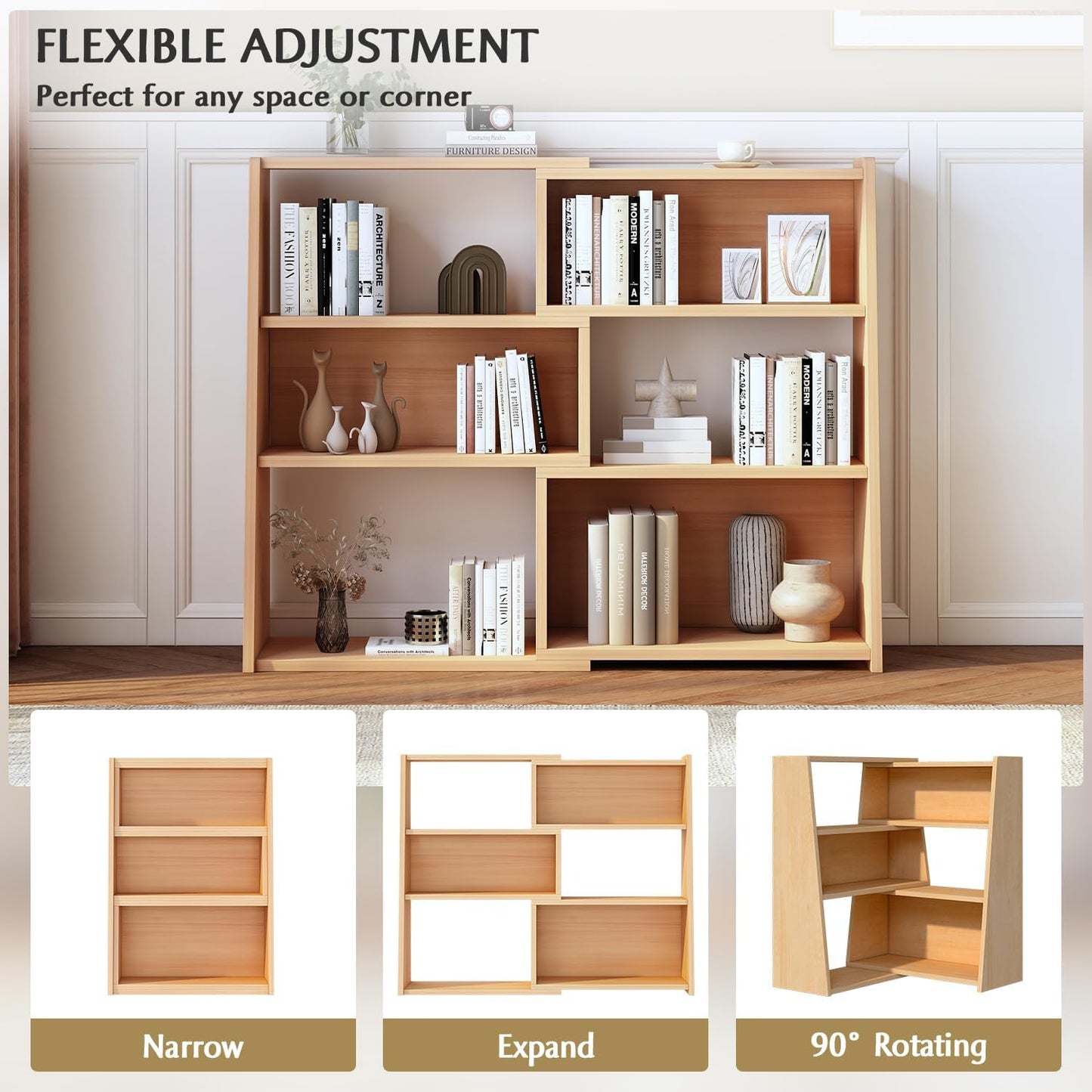 IOTXY Wooden Extendable Shelf Bookcase - 3-Tier Ladder Low Short Bookshelf for Small Space or