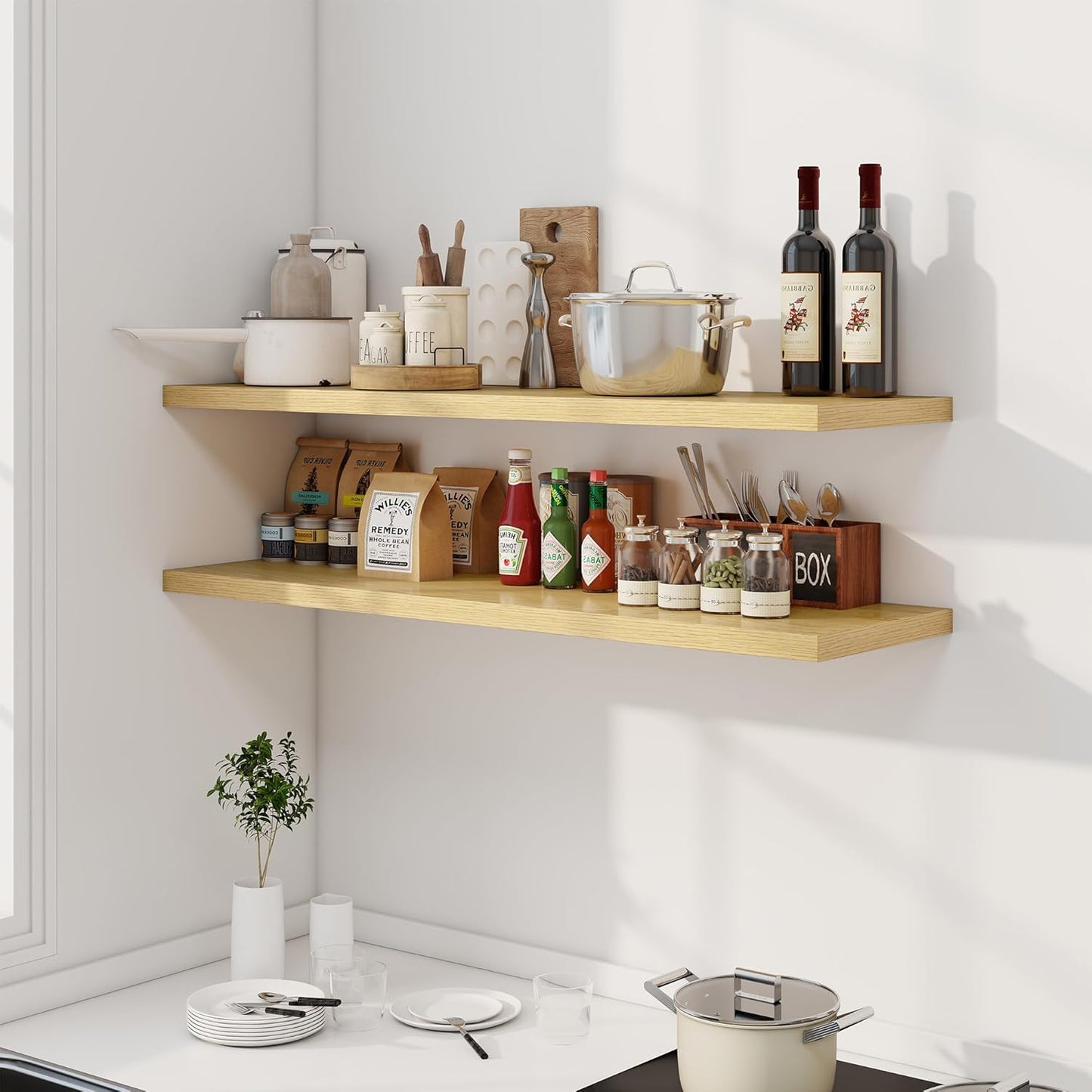 48" Floating Shelves for Wall, 12" Deep Slim Oak Floating Shelves, Wall-Mounted Shelves for
