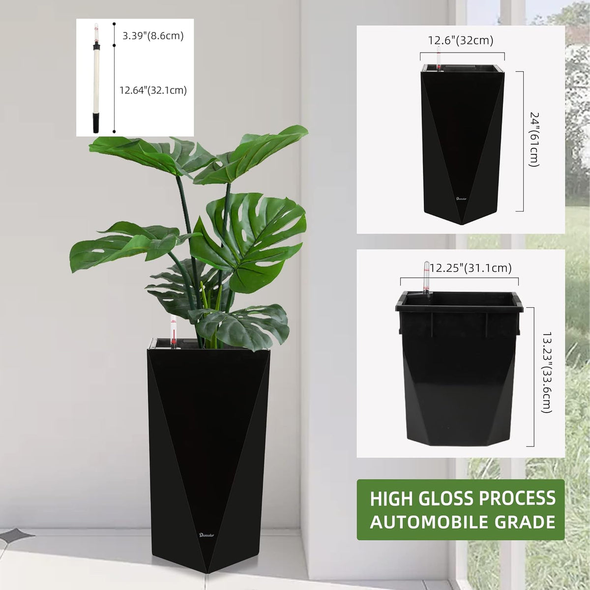 Dexceder 24 Inches Tall Self Watering Planter Diamond High Gloss Indoor Outdoor, Thickened Rhombus