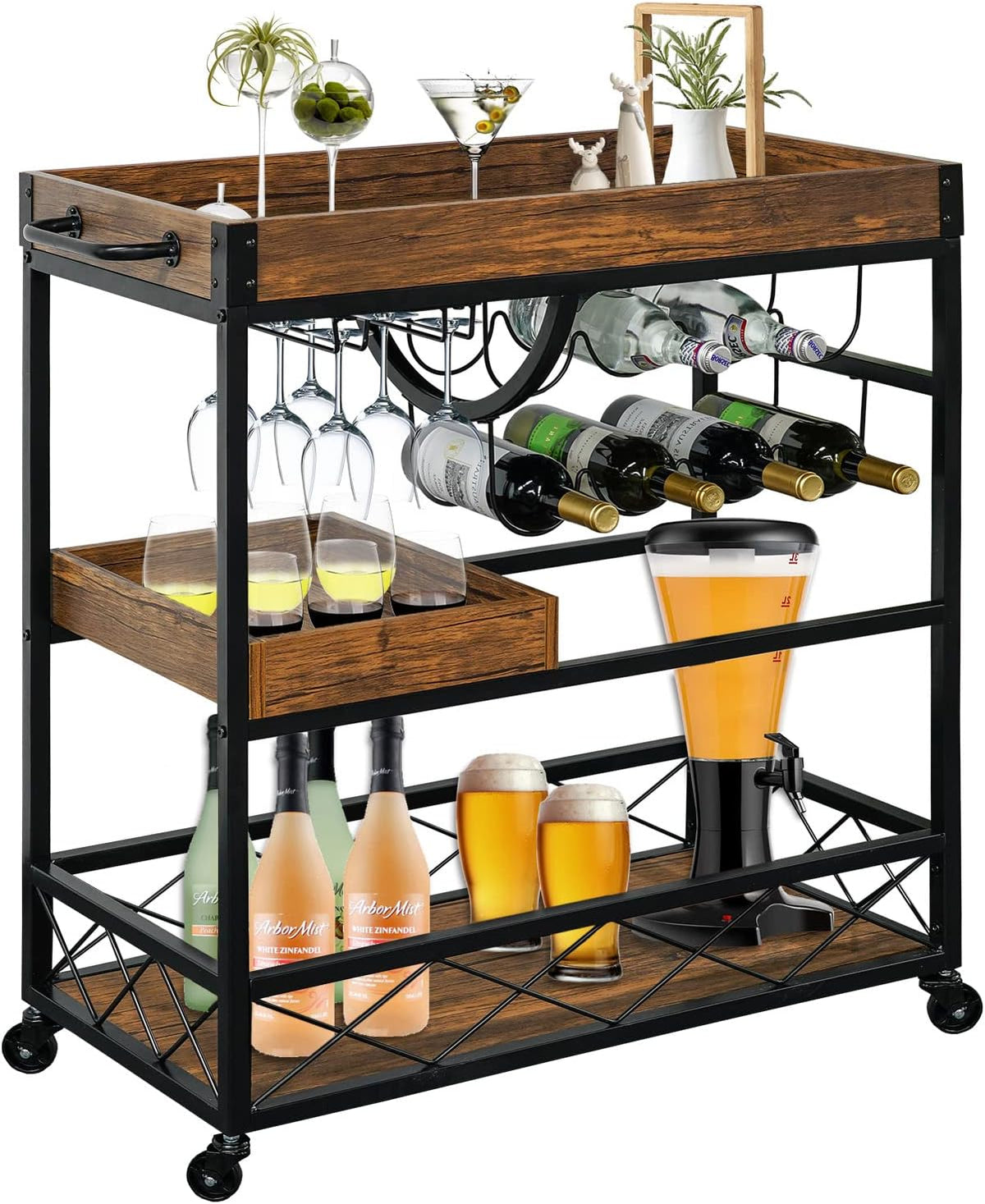 Bar Cart for The Home, 3 Tire Industrial Rolling Serving Cart on Lockable Wheels, Alcoholic