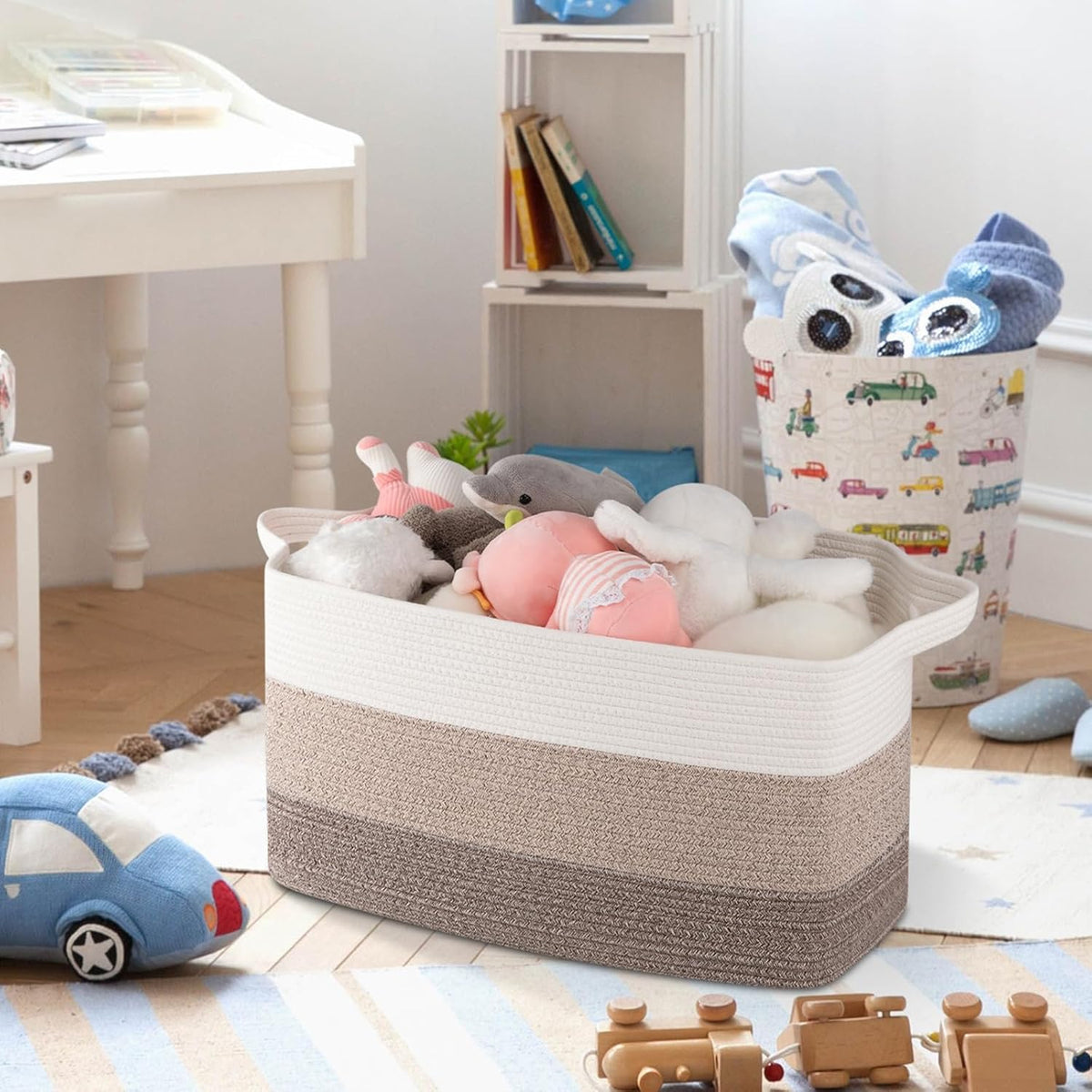 OIAHOMY Rectangle Woven Storage Basket - Nursery Cotton Rope Baskets for Storage, Toy Basket
