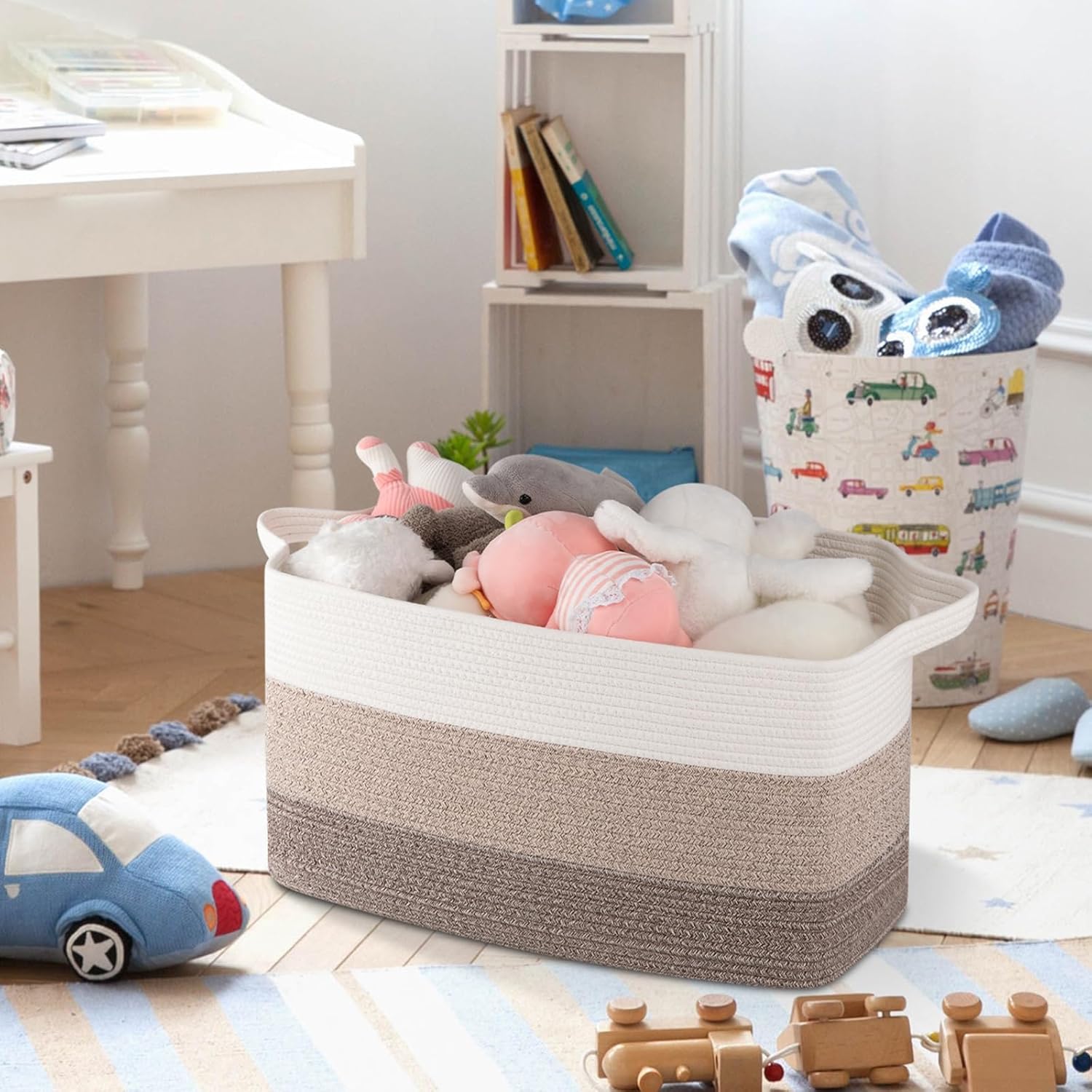 OIAHOMY Rectangle Woven Storage Basket - Nursery Cotton Rope Baskets for Storage, Toy Basket