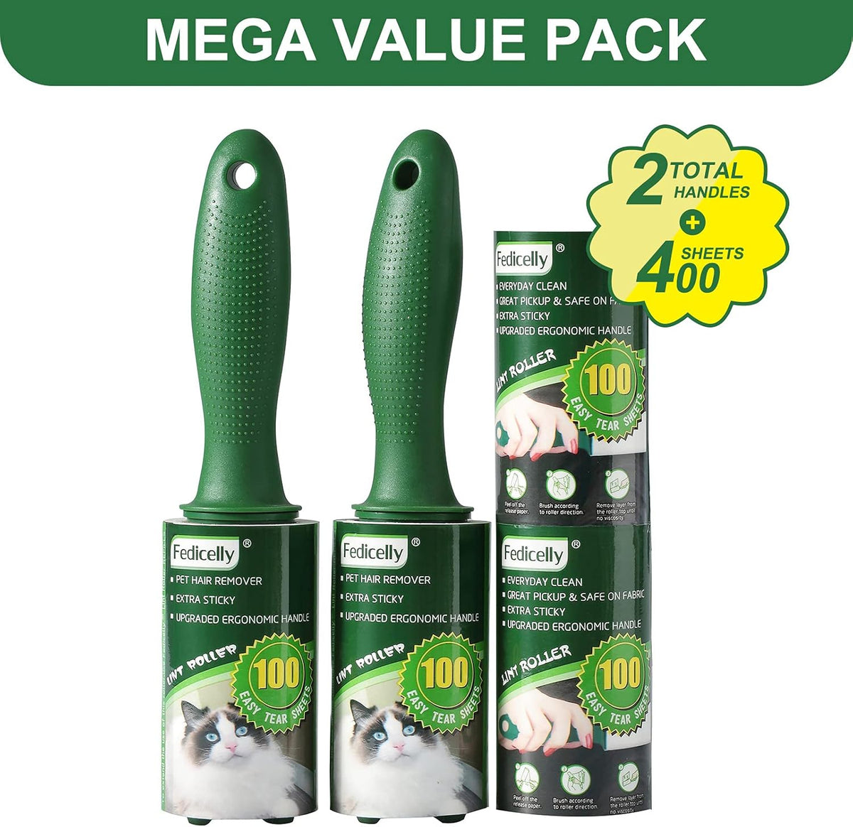 Fedicelly Extra Sticky Lint Rollers Pet Hair Remover for Laundry Clothes Furniture Carpet,Total 400