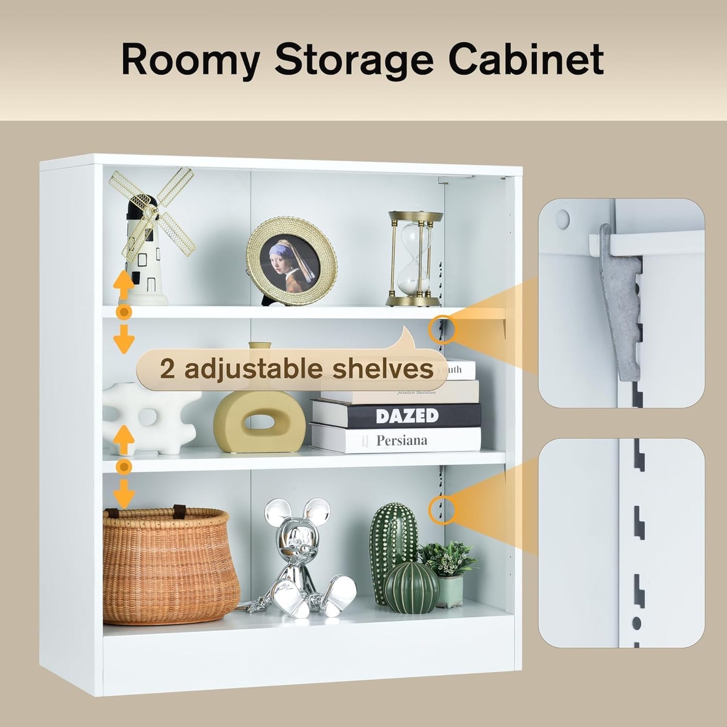 3-Tier Bookshelf with Adjustable Shelves, White Metal Space Saving Storage Shelf Bookcase, Small