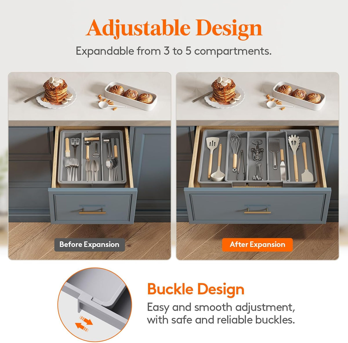 Lifewit Utensil Organizer for Kitchen Drawers, Expandable Cooking Utensil Tray, Adjustable Cutlery