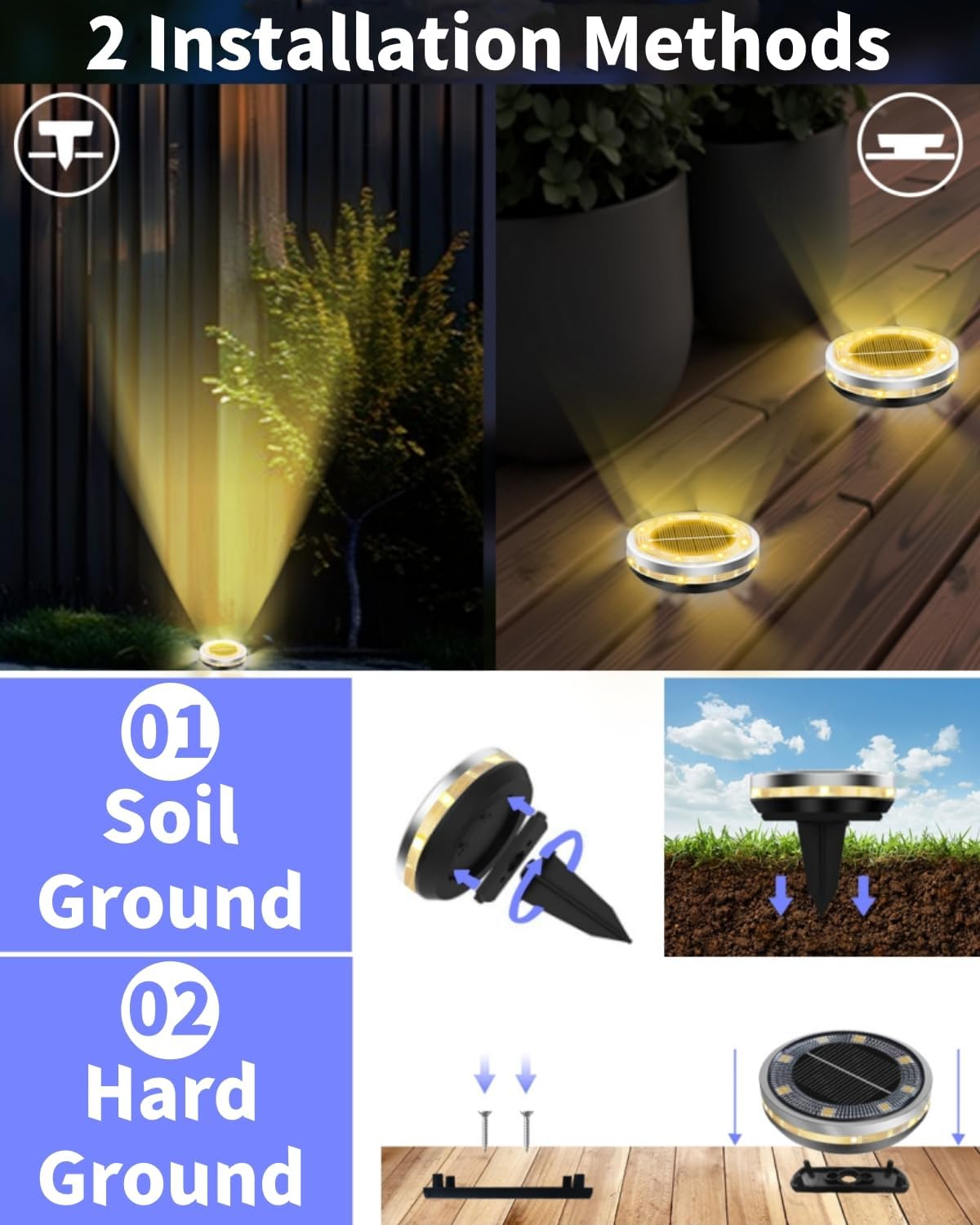 Solar Ground Lights Outdoor 2 Pack Waterproof, Upgraded Solar Garden Lights with 4 Side Light