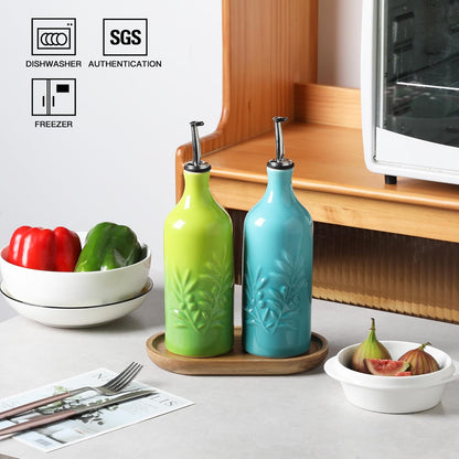 Sweejar Ceramic Olive Oil Dispenser Bottle, 20 Oz Relief Opaque Oil Cruet Protects To Reduce