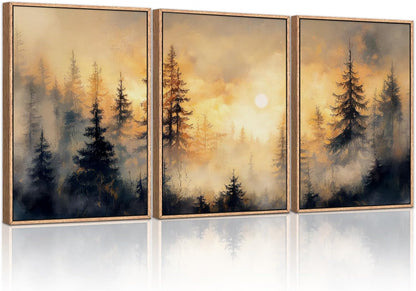 HLNIUC Golden Sunshine Forest Framed Canvas Wall Art,Foggy Forest Pine Tree Wall Decor,Large Sunset