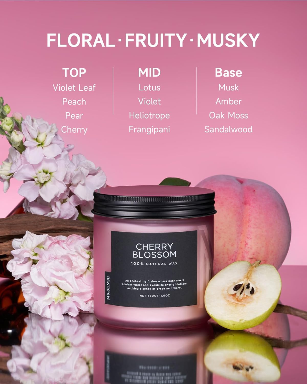 M&SENSE Cherry Blossom Scented Spring Candle, 70 Hours Long Lasting Soy Wax 11.6oz Stress Relief