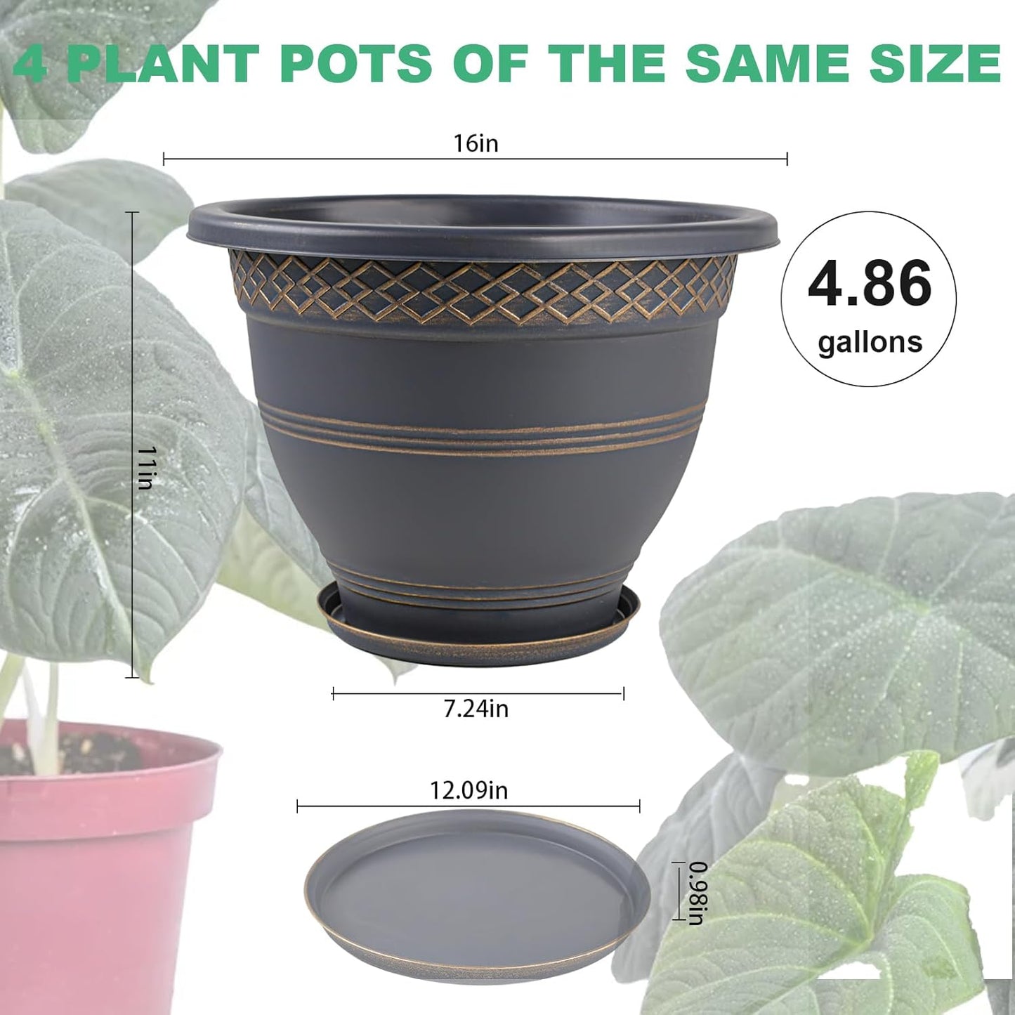 4 Pack 16 Inch Large Plant Pots, Plastic Flower Pot for Indoor & Outdoor with Drainage Holes &
