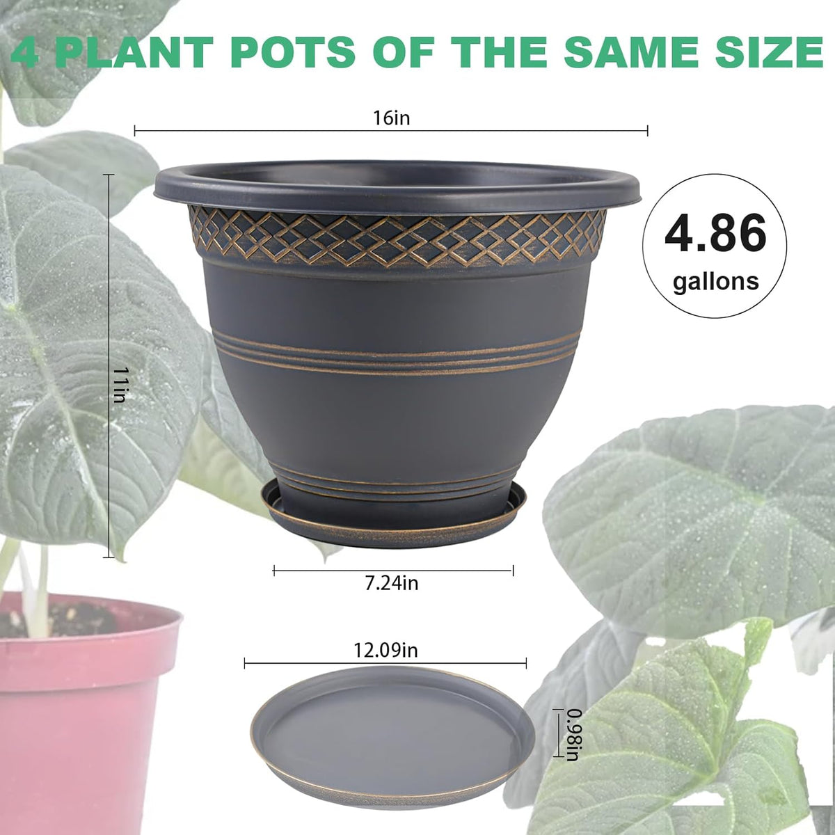 4 Pack 16 Inch Large Plant Pots, Plastic Flower Pot for Indoor & Outdoor with Drainage Holes &