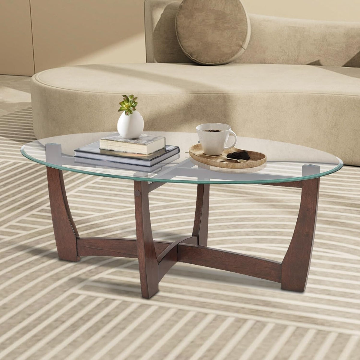 48" Oval Glass Coffee Table with Tempered Glass Top Cross and Solid Wood Base Simple & Modern