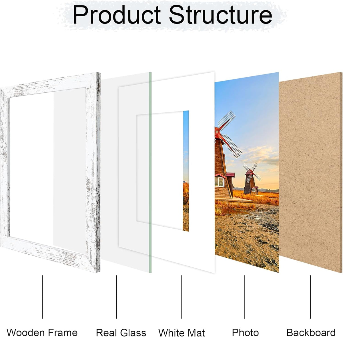 8x10 Picture Frame Set of 4, 8 x 10 Wood Photo Frames with Mat for 5x7, Rustic Natural Wooden Frame