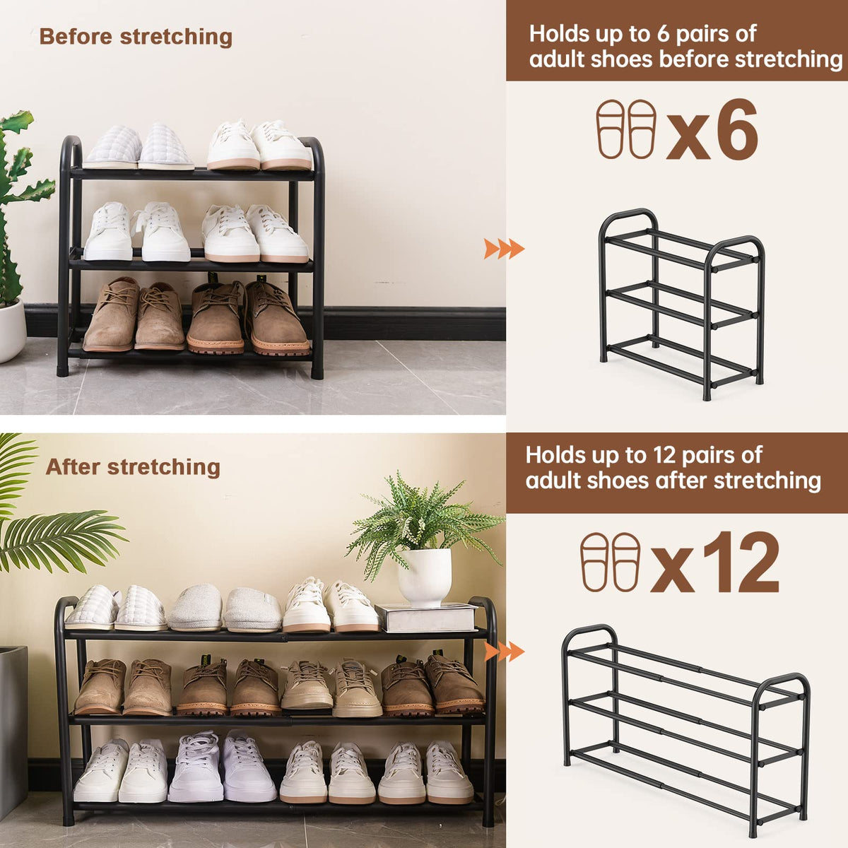 Gonfoam Expandable 3-Tier Shoe Rack for Closet and Entryway, Black