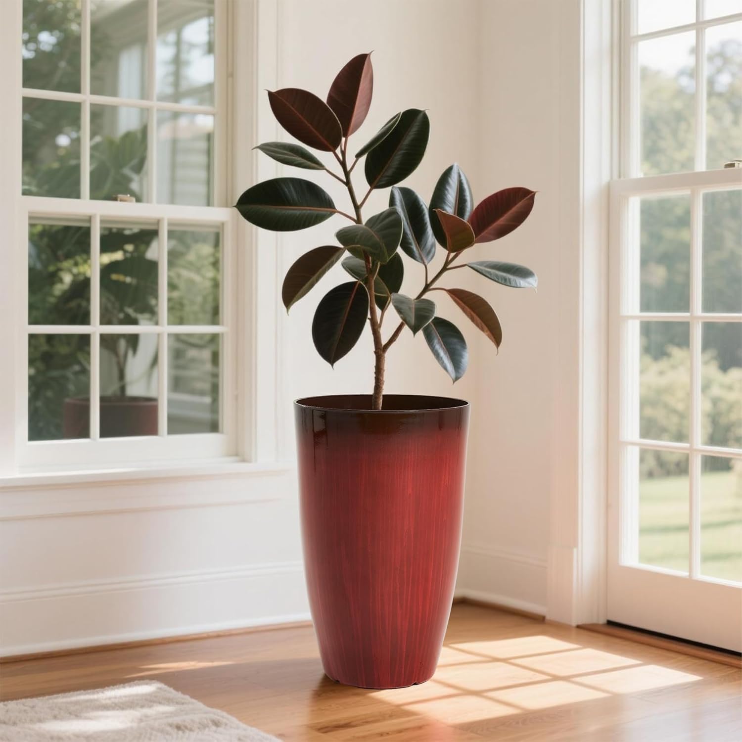 Worth Garden 20" H. Plastic Planters - Set of 2 Gradient Red Glossy Smooth Finish - Tall Plant Pots