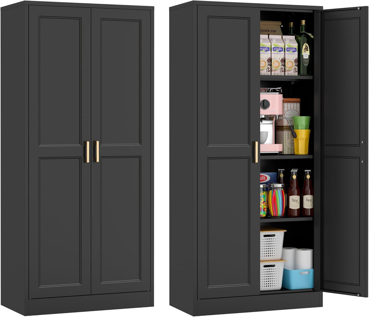 60" Tall Metal Pantry Cabinet, Black Kitchen Pantry Storage Cabinet with Doors and 3 Adjustable