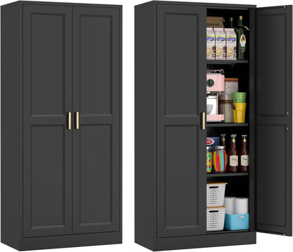 60" Tall Metal Pantry Cabinet, Black Kitchen Pantry Storage Cabinet with Doors and 3 Adjustable