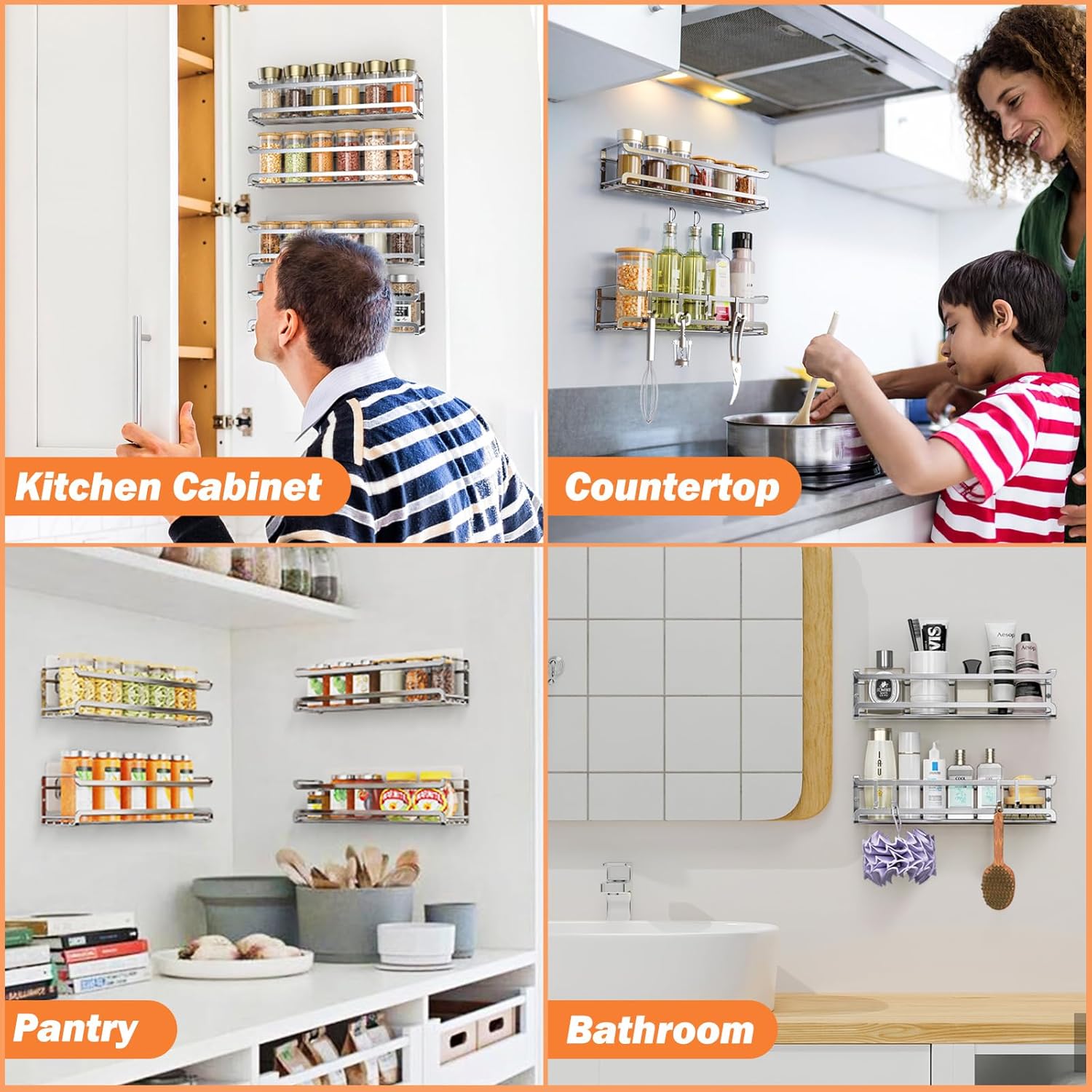 Spice Rack wall mounted 4 Pack, Space-Saving Spice Organizer for Spice Jars and Seasonings,Screw or