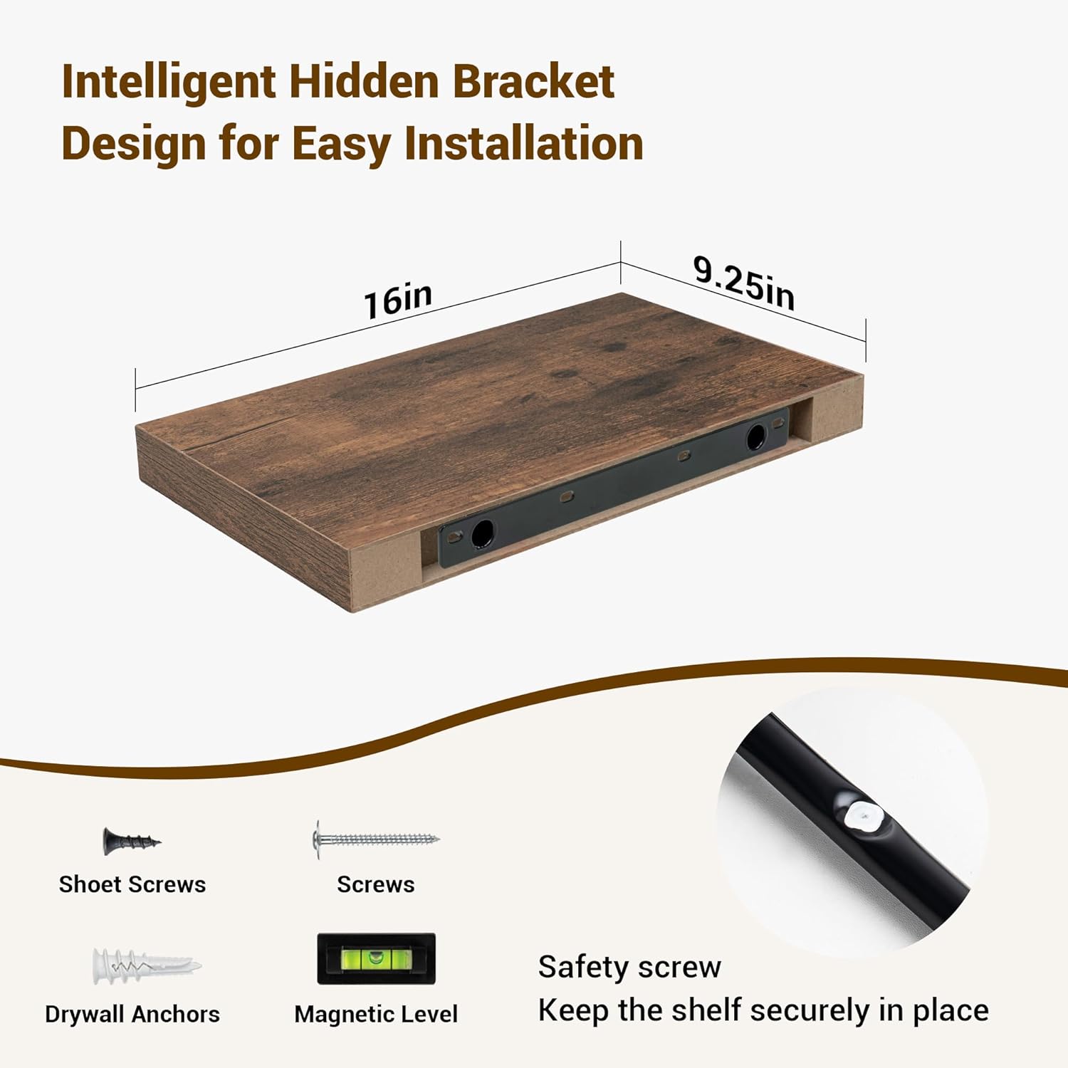 16 Inch Floating Shelves, 16"x9.25"x1.5" Inch Deep Floating Shelves for Wall, Wooden Shelves for