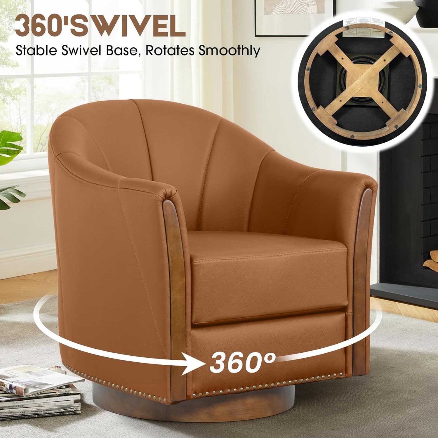 360° Swivel Accent Chair, Modern Leather Barrel Club Chair with Leather Upholstery and Sturdy Wood