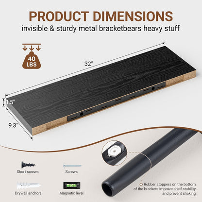 Heimlove 32 Inch Floating Shelves for Wall,Black 9.3" Deep Floating Shelf Set of 2,Wall Mounted