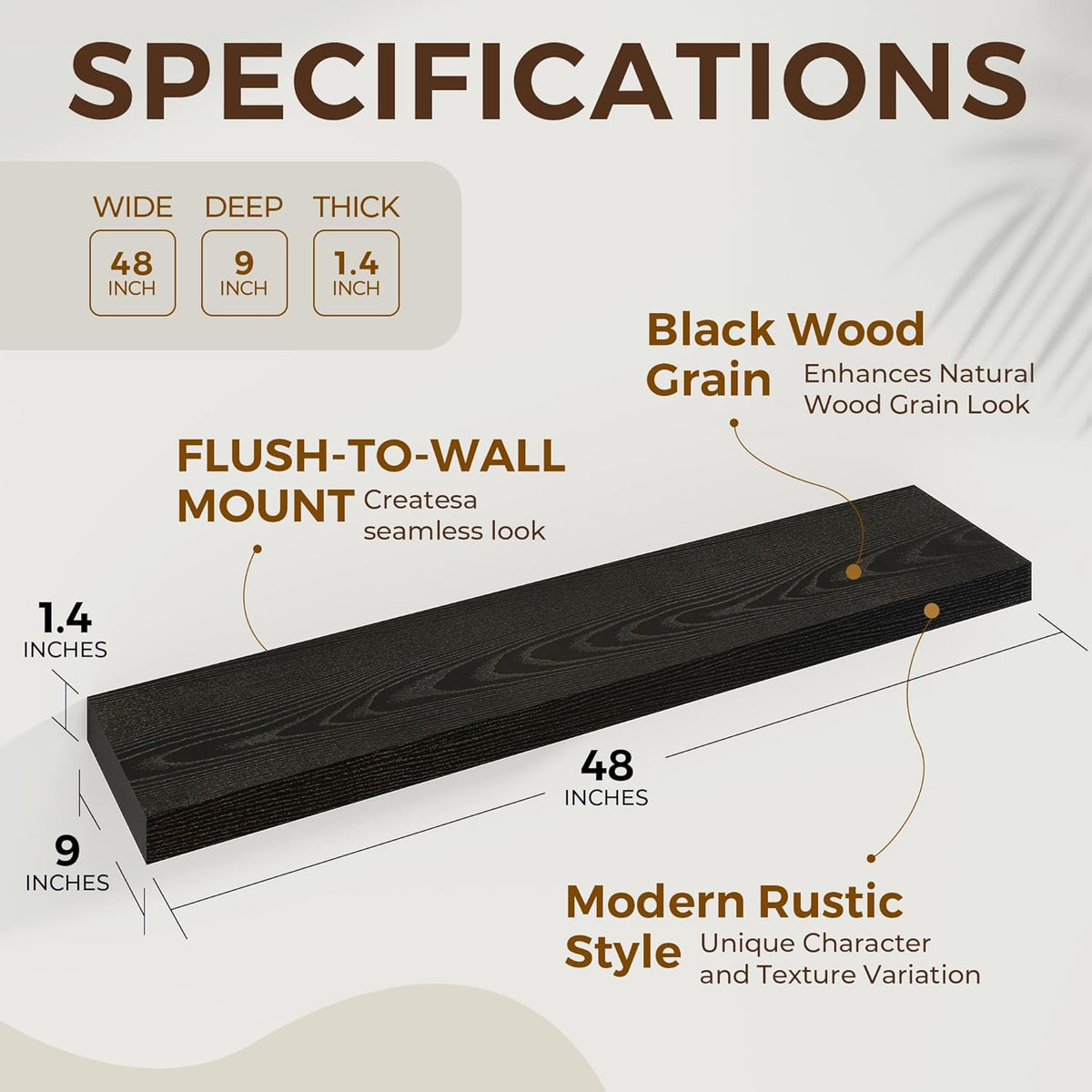 48 inch Floating Shelves for Wall Large Wall Mounted Shelves with Invisible Brackets, Black Long
