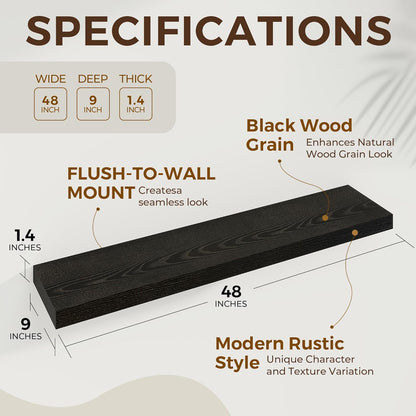 48 inch Floating Shelves for Wall Large Wall Mounted Shelves with Invisible Brackets, Black Long
