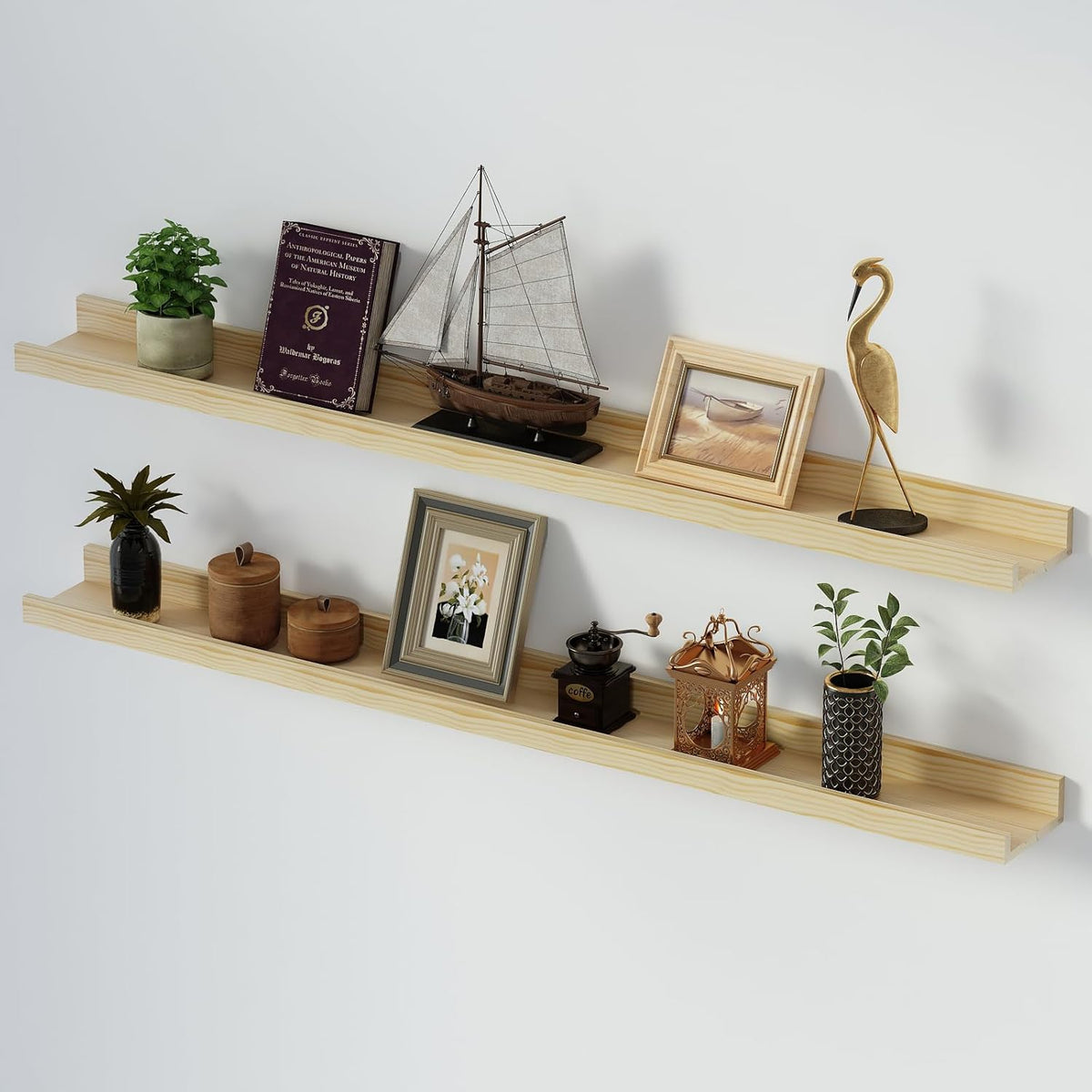 SAUMONIERES Picture Ledge Shelf Floating Book Shelves Set of 2 Wall Mounted Solid Wood for Bedroom