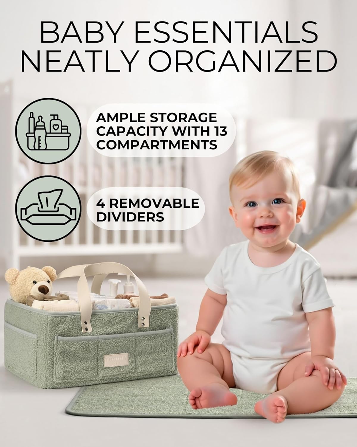 Baby Diaper Caddy Organizer with Portable Changing Mat - Teddy Fleece Diaper Organizer for Changing