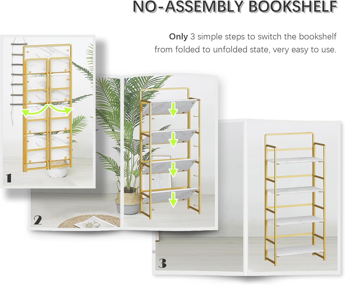 4NM No Assembly Foldable Bookshelf, 4-Shelf Collapsible Bookcase Storage for Small Spaces, 54" H