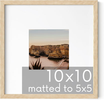 HAUS AND HUES Solid Oak 10”x10” Picture Frame Matted to 5”x5” - 10x10 Wood Frame for Wall, Square