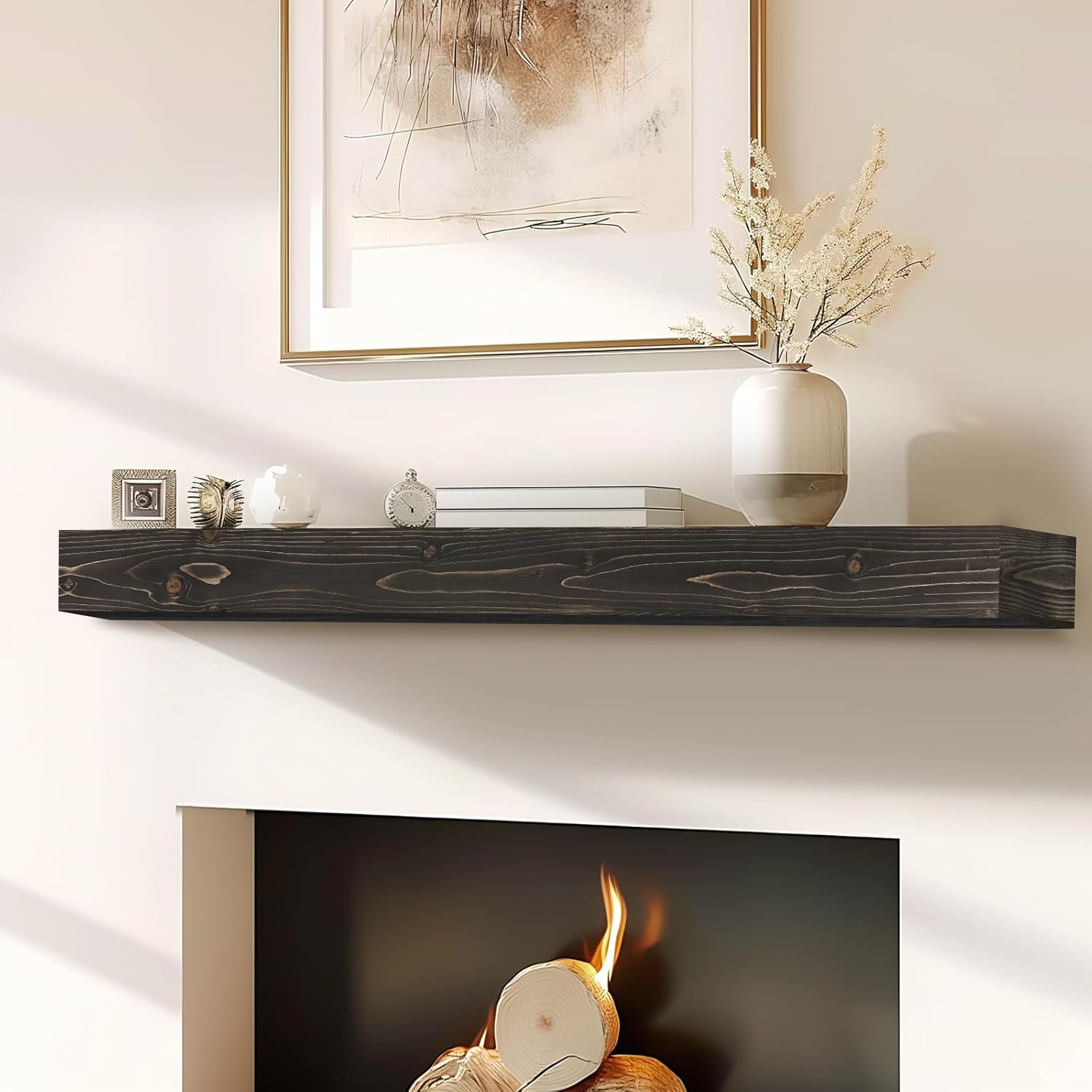 56x8x3 Fireplace Mantel - Handcrafted Hollow Rustic Solid Wood Wall Mounted Floating Shelf with