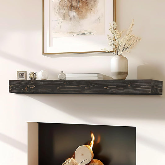 56x8x3 Fireplace Mantel - Handcrafted Hollow Rustic Solid Wood Wall Mounted Floating Shelf with