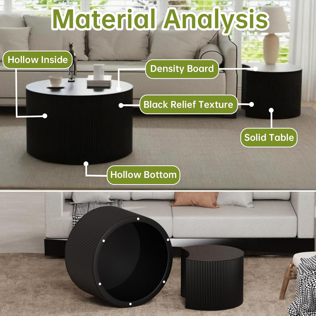 Round Nesting Coffee Table Modern Black Fluted Coffee Table Set of 2 Stripe Round Coffee Tables