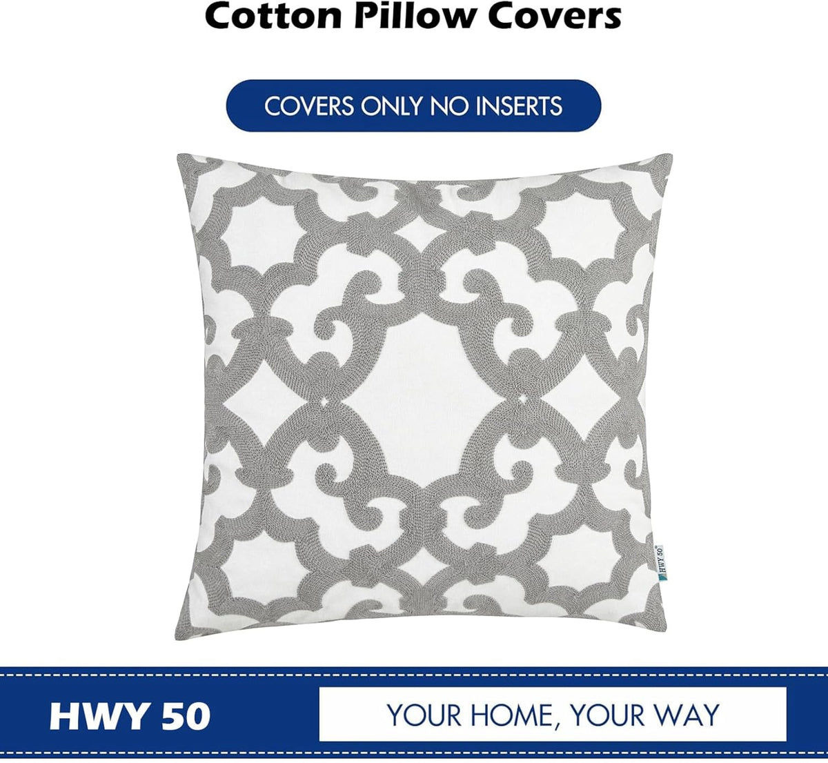 HWY 50 Grey Gray Decorative Throw Pillow Covers 18x18 Inch (1 Piece), Embroidered Cotton Farmhouse