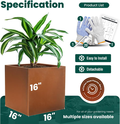 Corten Steel Planter Box Metal Planters Square Outdoor Steel Planter Cube Rustic Flower Pot 16 Inch