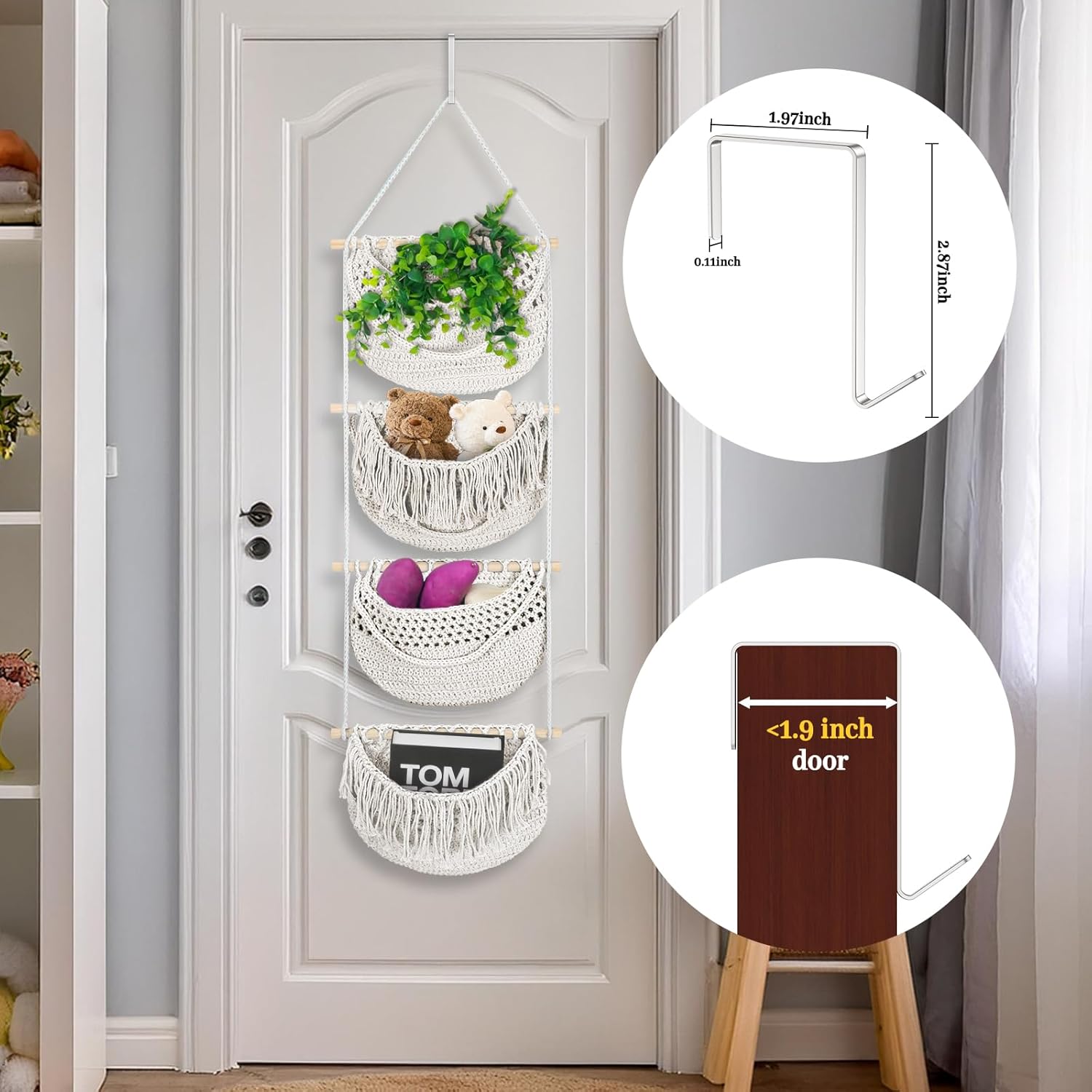 4 Tier Hanging Fruit Basket for Kitchen, 4 Pack Detachable Cotton Crocheted Wall Hanging Baskets