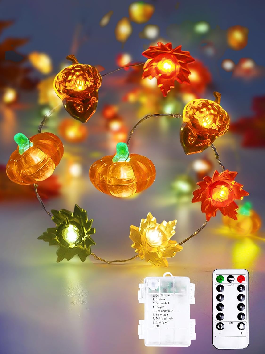 Fall Decorations 3D Pumpkin Acorn Maple Leaf Fairy Lights Battery Operated with Remote, 10FT 30 LED