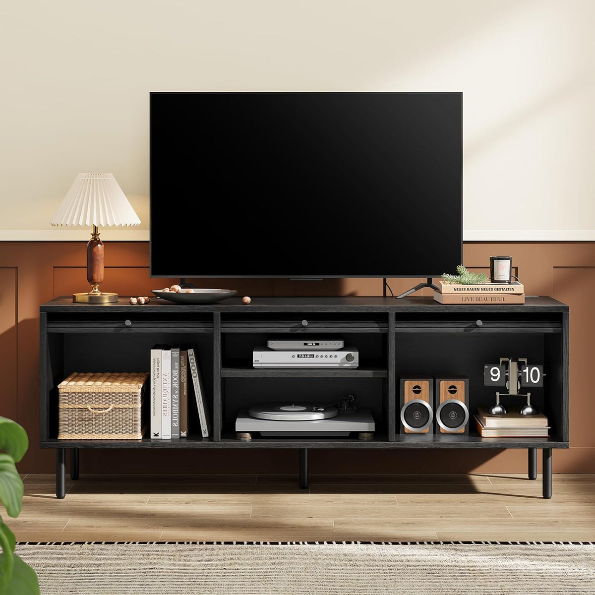 59 Inch TV Stand with Power Outlet for TVs up to 65 Inch, Entertainment Center with Storage