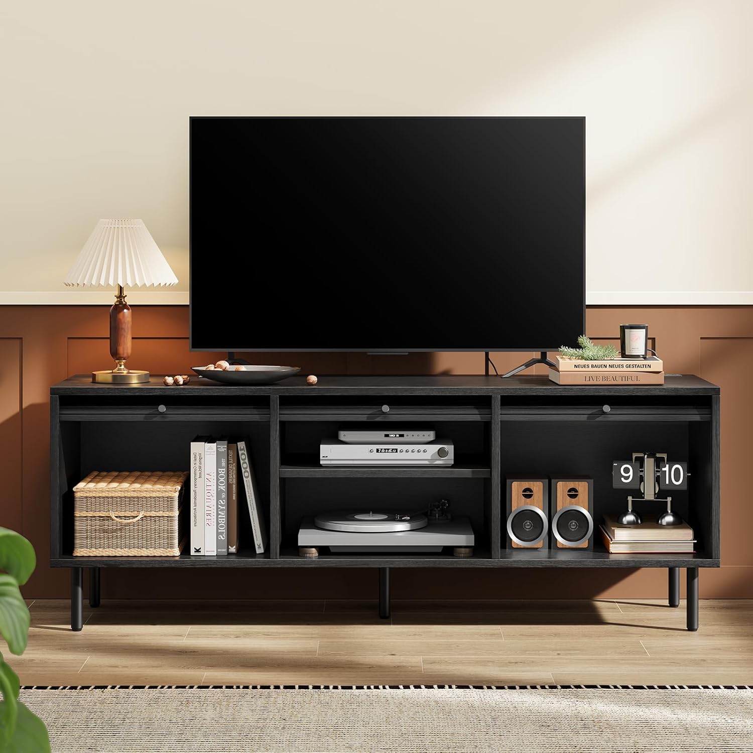 59 Inch TV Stand with Power Outlet for TVs up to 65 Inch, Entertainment Center with Storage