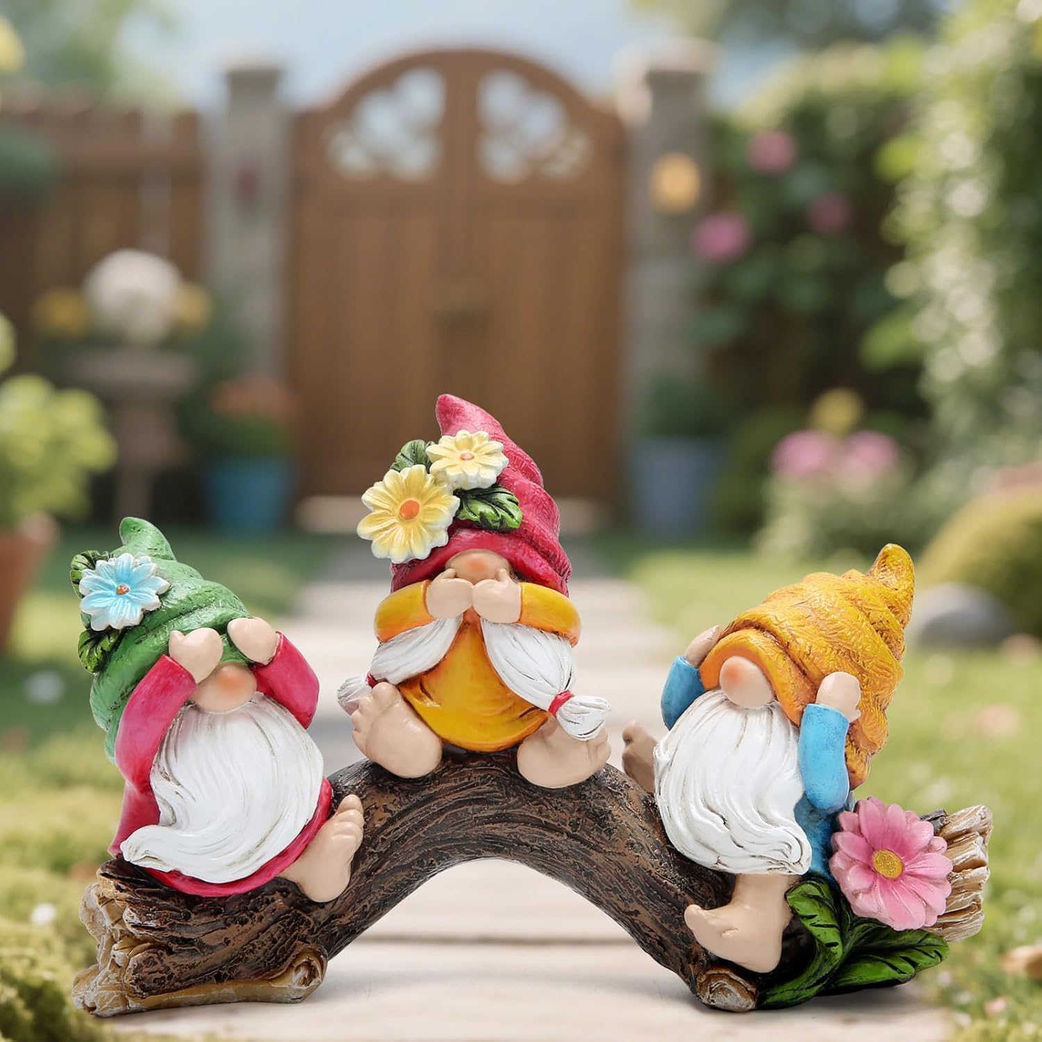 Hodao Spring Hear-No, See-No, Speak-No Gnomes Figurines Decorations Outdoor Flower Gnome Ornaments